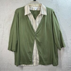 CJ Banks 1X Green Layered Look Collared Shirt Cardigan 3/4 Sleeve Office Mature‎